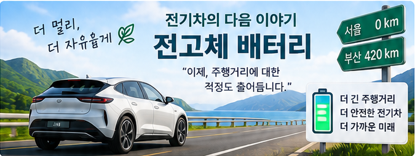 전기차 주행거리와 전고체 배터리의 미래를 표현한 이미지